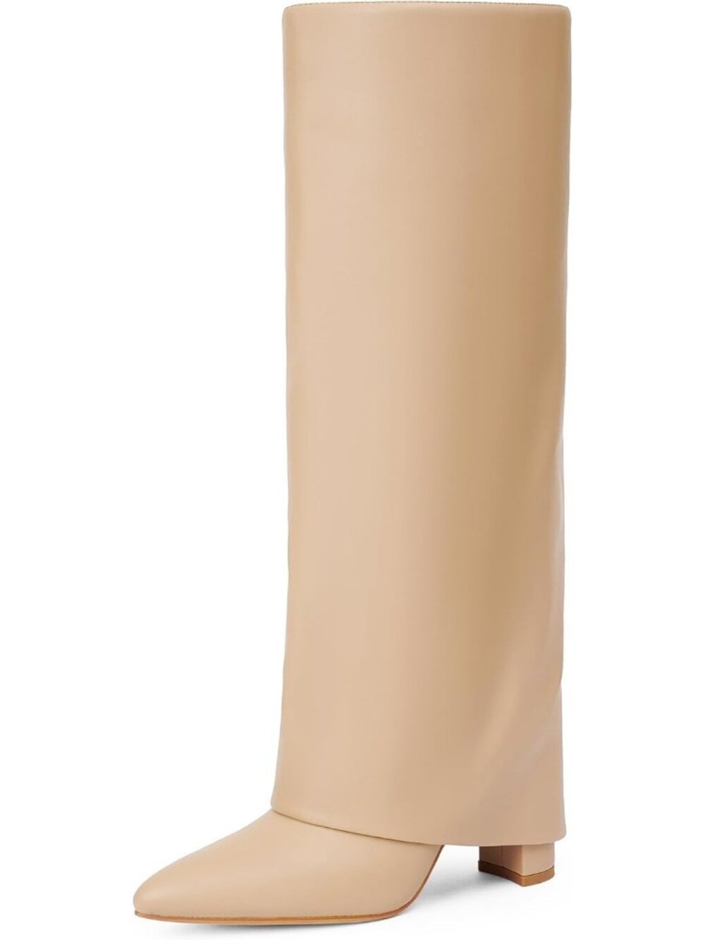 Women's Nude Chunky High Heels Long Zipper Pointed Toe Fold Over Knee High Boot